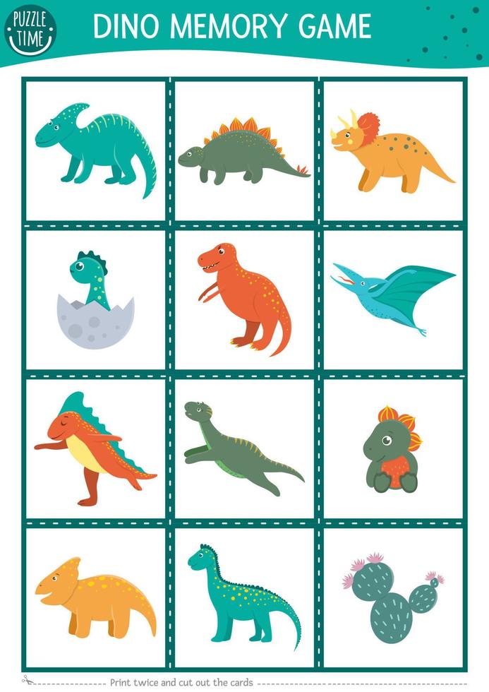 memoria gioco carte con dinosauri. accoppiamento preistorico animali attività con donos. ricorda e trova corretta carta. semplice stampabile foglio di lavoro per bambini. vettore