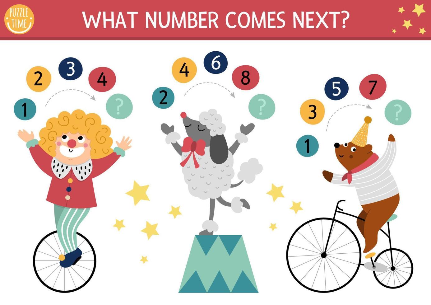 che cosa numero arriva prossimo. Continua il riga gioco con numeri e carino circo artisti. divertimento mostrare logico matematica attività per prescolastico bambini con clown, barboncino, orso su bicicletta vettore