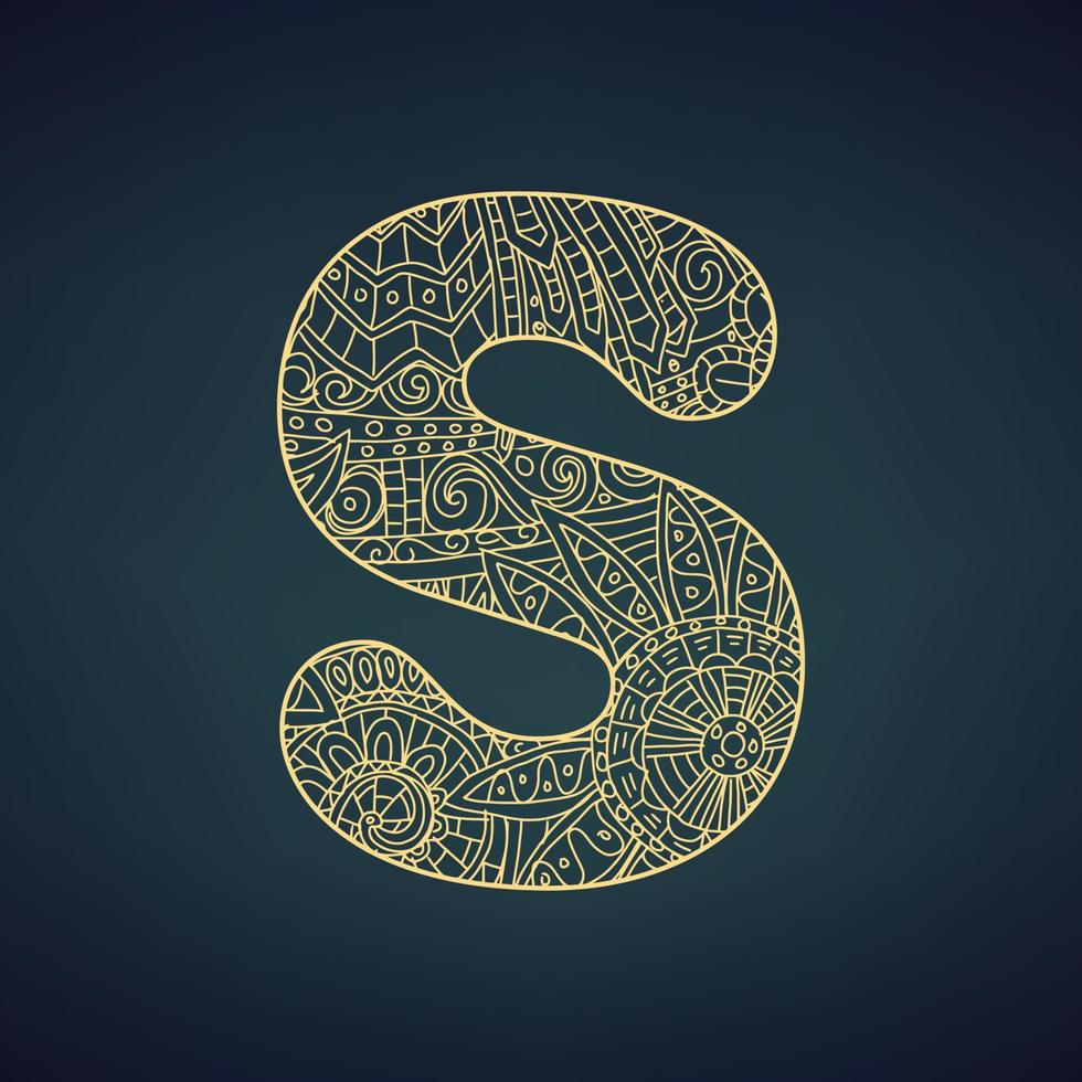 lettera S nel scarabocchio stile, mandala. alfabeto nel il d'oro stile, vettore illustrazione per colorazione pagina