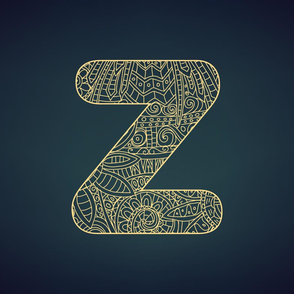 lettera z nel scarabocchio stile, mandala. alfabeto nel il d'oro stile, vettore illustrazione per colorazione pagina