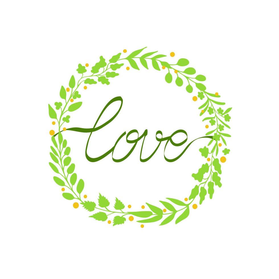 parola amore scritto con buio verde nastro nel il telaio di verde fioritura ramoscelli. romantico mano disegnato composizione. pulito e semplice design per stampe vettore