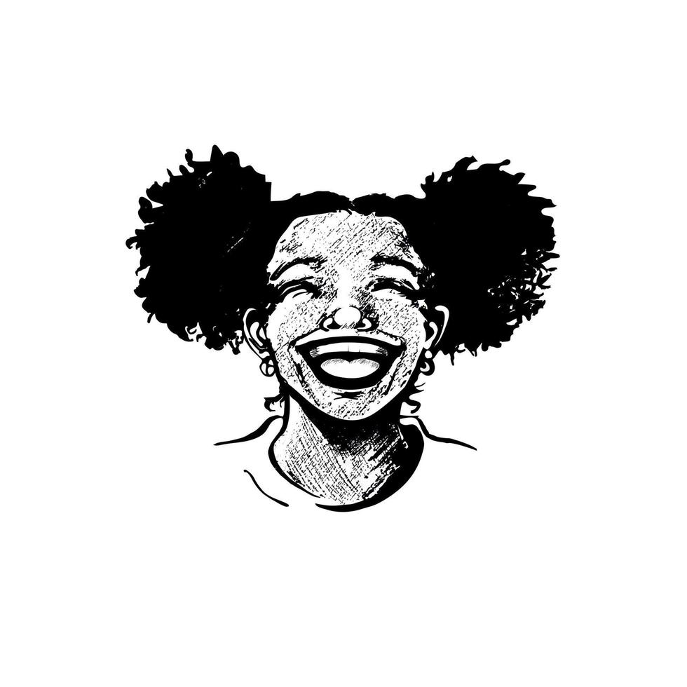 carino africano americano giovane donna, adolescente ragazza, ridendo cordialmente, labbra largo aprire, splendente denti, con Riccio capelli nel trecce. realistico mano disegnato gioioso viso, nero e bianca femmina ritratto vettore