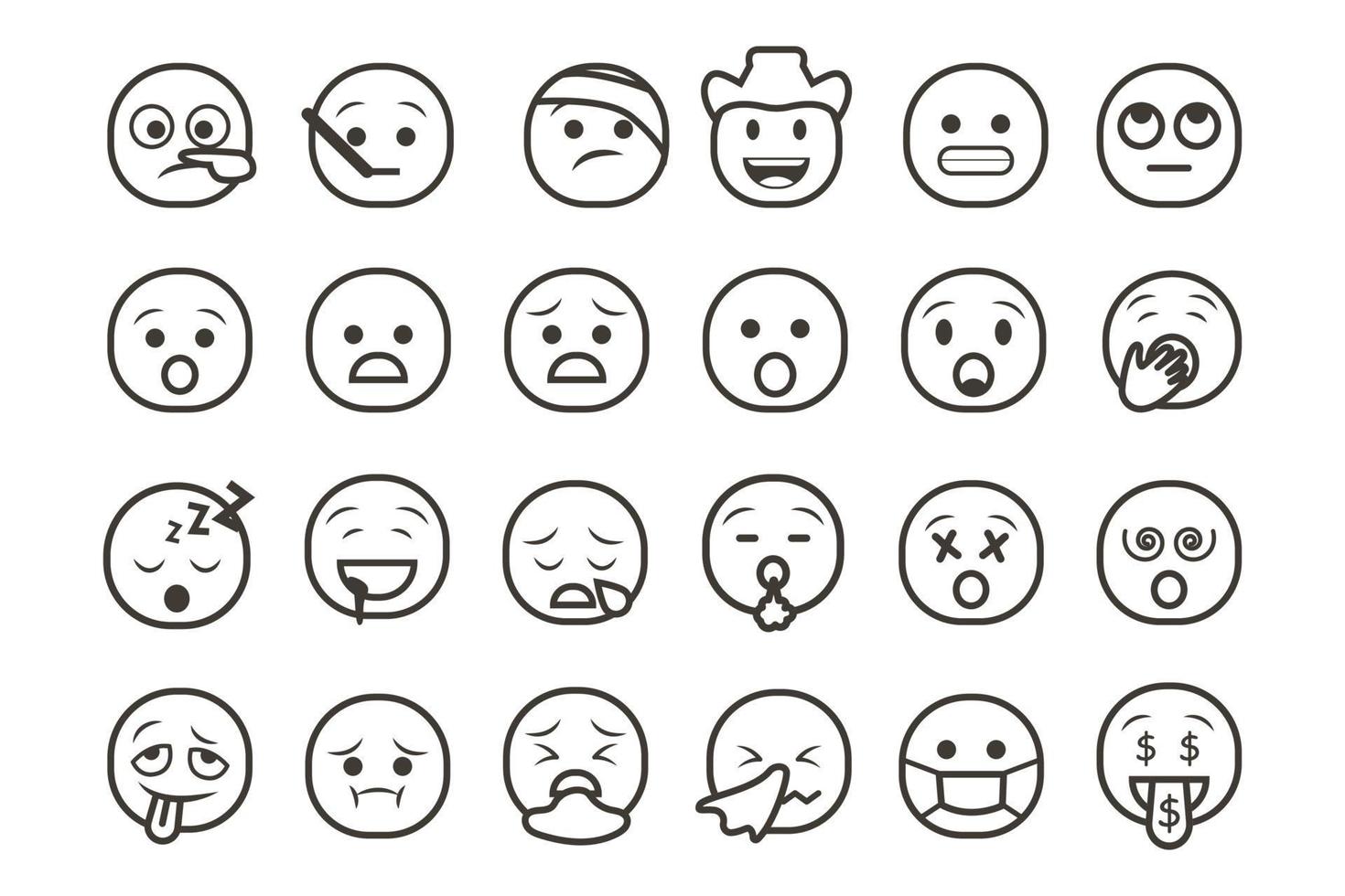 impostato di emoticon smiley icone. cartone animato emoji impostato con Sorridi, triste, felice, e piatto emozione nel linea arte stile vettore