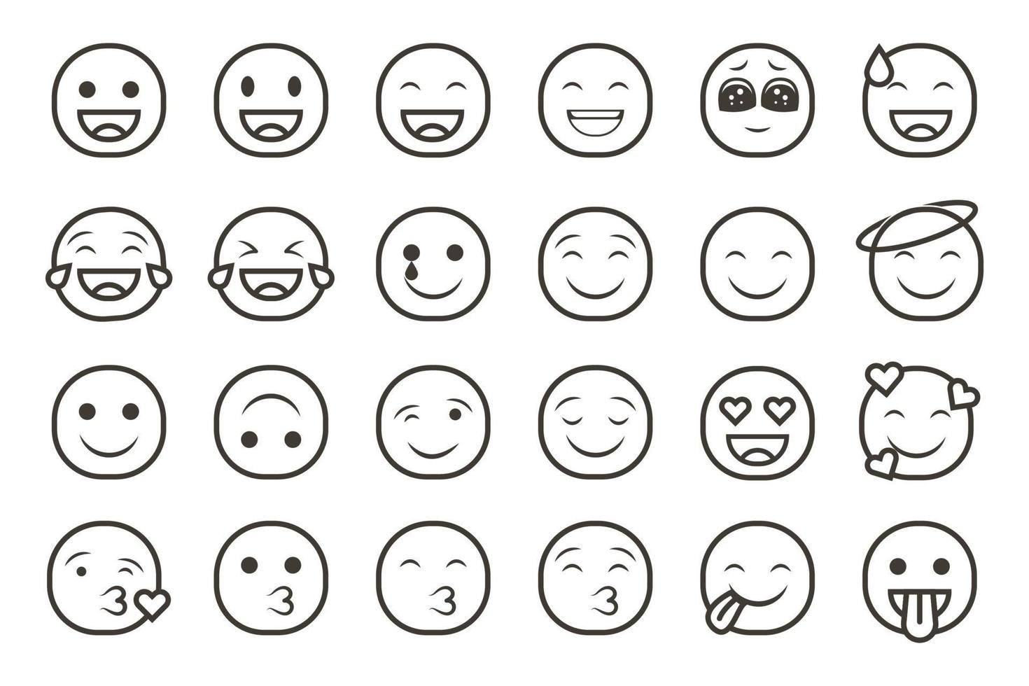 impostato di emoticon smiley icone. cartone animato emoji impostato con Sorridi, triste, felice, e piatto emozione nel linea arte stile vettore