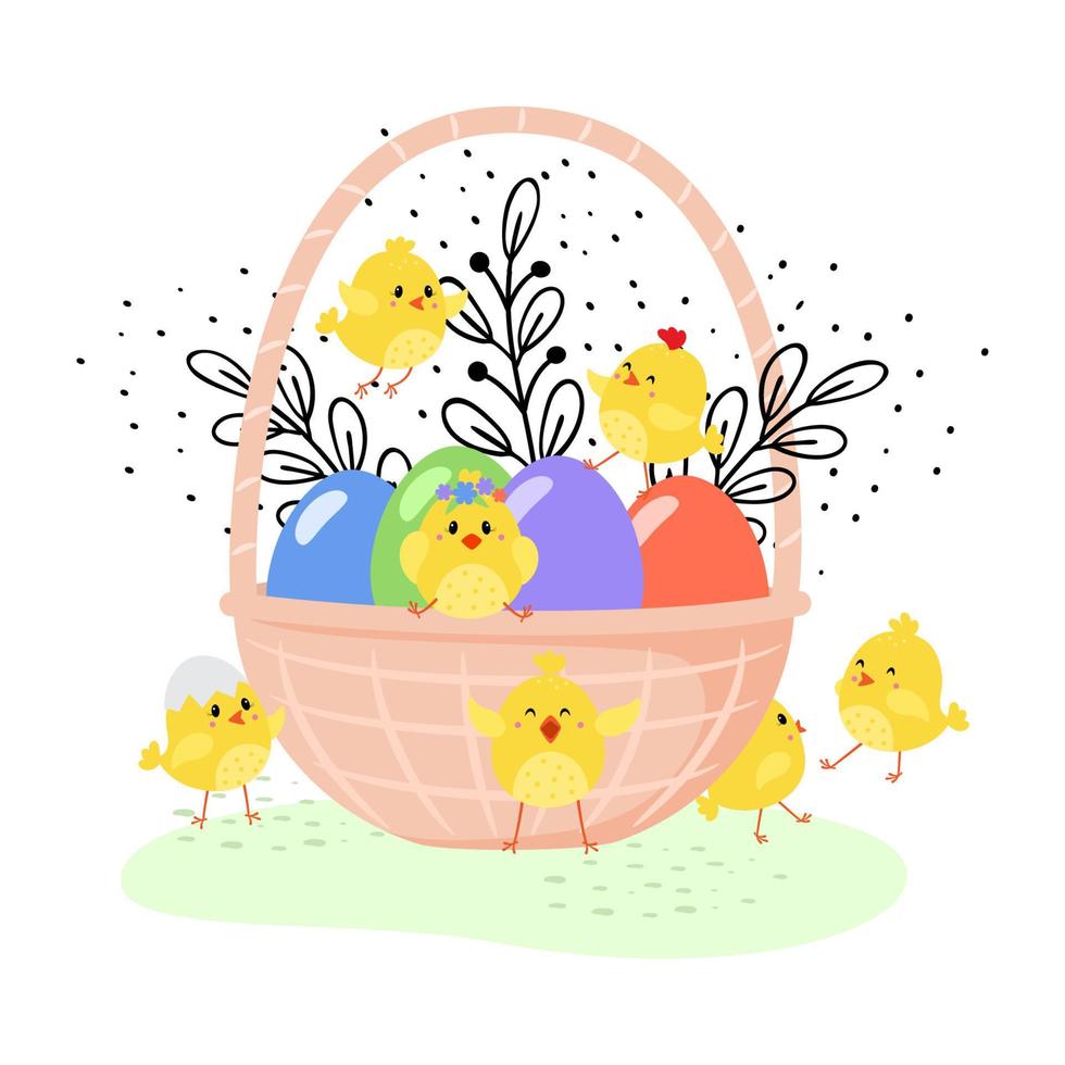 Pasqua cestino con uova e polli. contento Pasqua concetto. modello vettore design per striscione, manifesti, carta, modello, volantino.