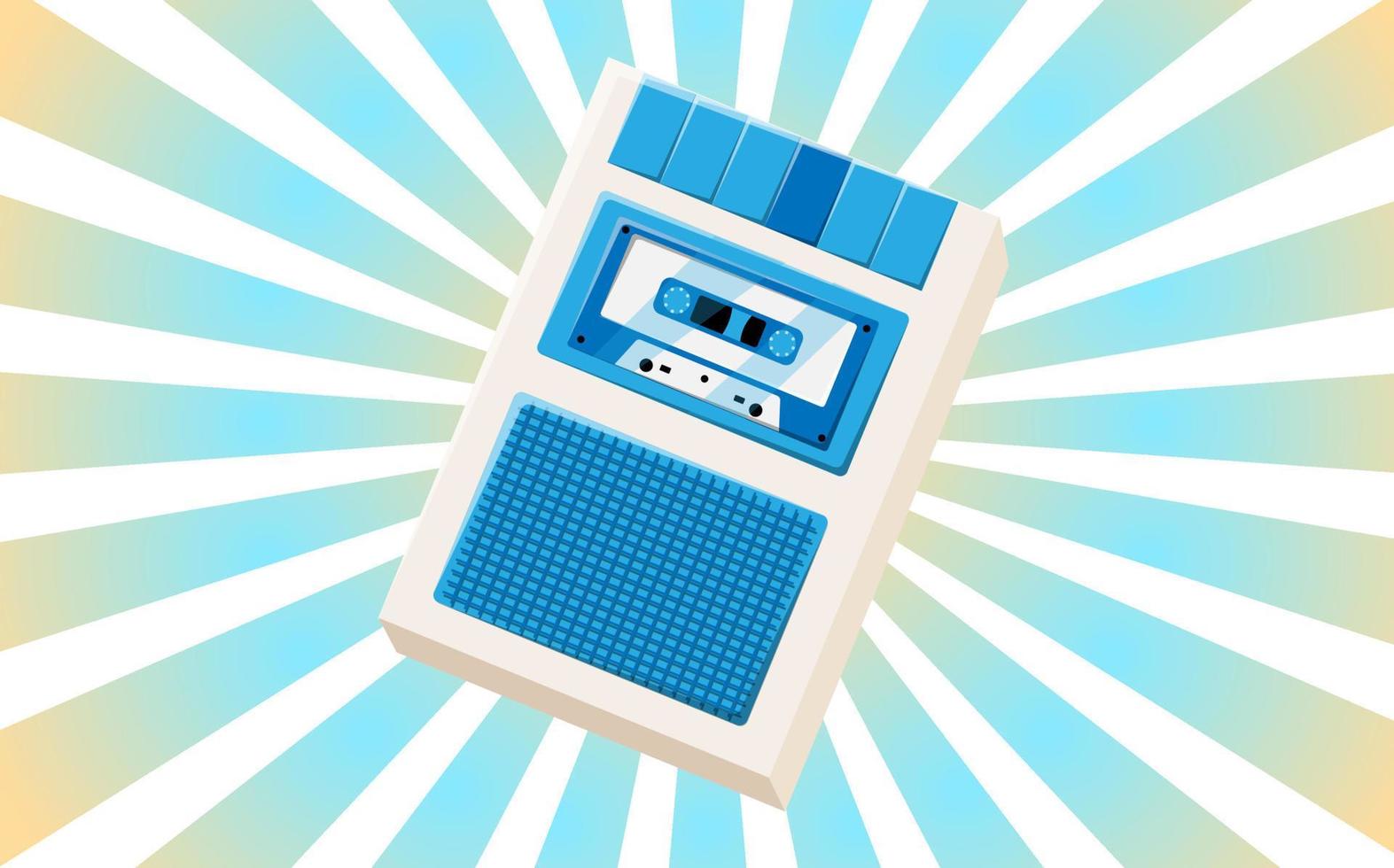 vecchio retrò Vintage ▾ fricchettone manifesto con voce registratore con musica Audio nastro cassetta per voce registrazione a partire dal anni '70, anni 80, anni 90 contro il sfondo di il blu raggi di il sole. vettore illustrazione