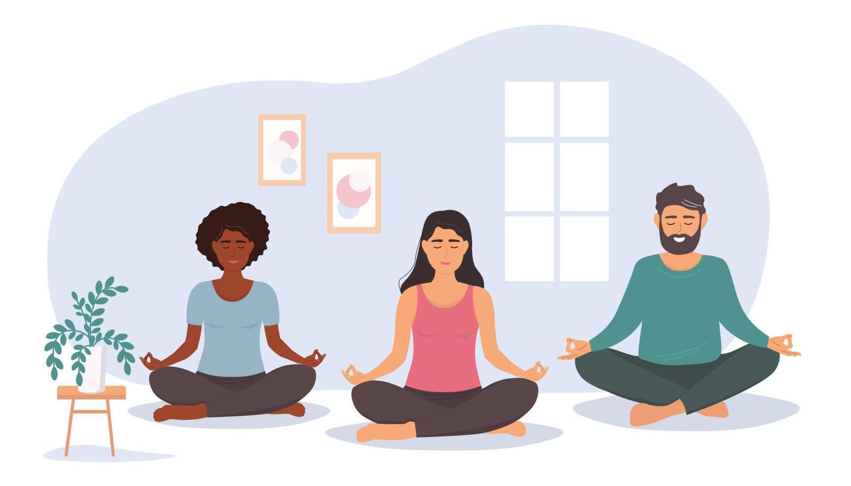 un' gruppo di persone è fare yoga, Meditare nel il sala. un' donna e un' uomo fare Palestra in modo sincrono. vettore grafica.