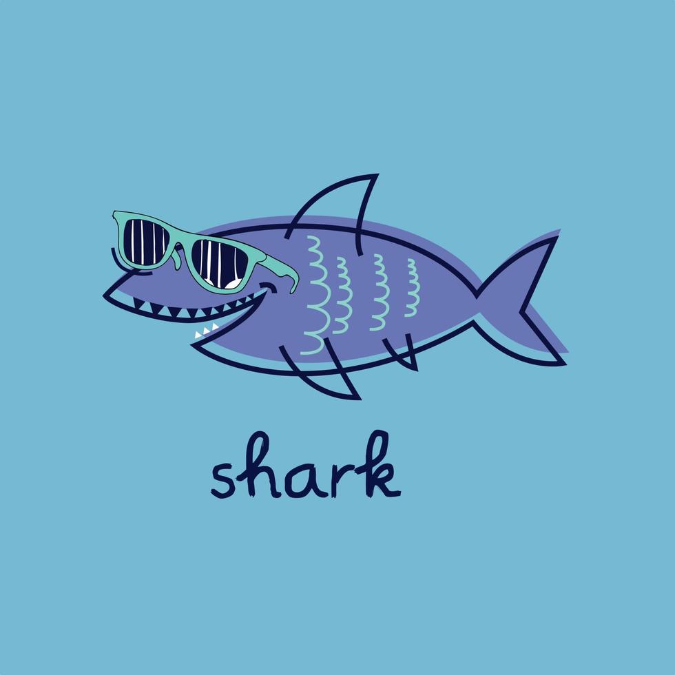cartone animato squalo con occhiali da sole piatto stile vettore arte illustrazione isolato su cielo blu sfondo