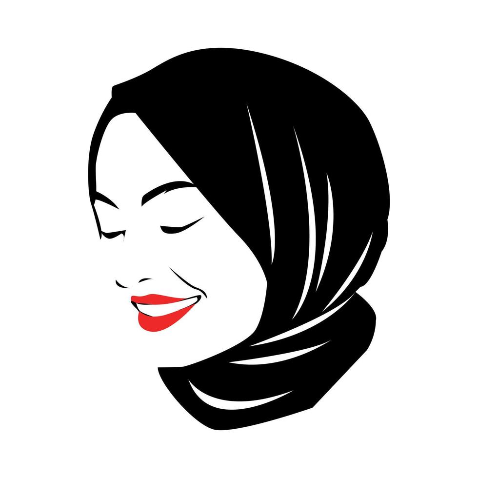 ritratto di un' bellissimo donna indossare un' hijab sorridente. rosso rossetto. silhouette logo vettore. isolato bianca sfondo. vettore