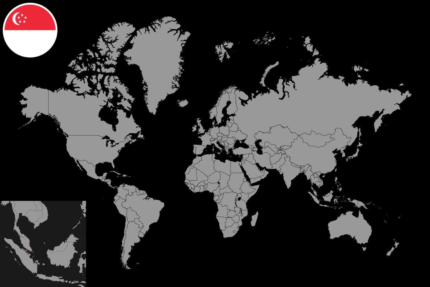 mappa pin con bandiera singapore sulla mappa del mondo. illustrazione vettoriale. vettore