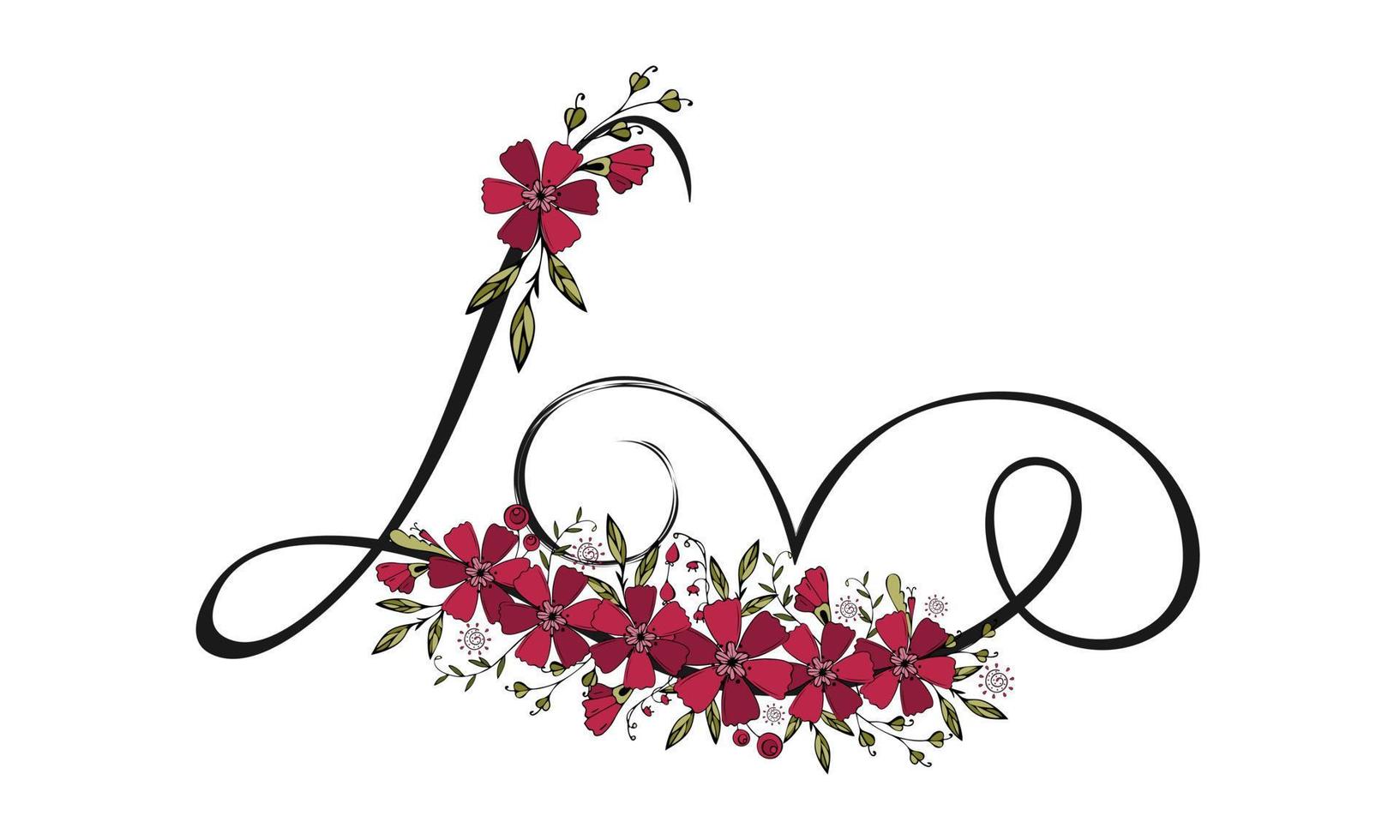 amore lettering con fiori Viva magenta colore 2023 scarabocchio ornamento, spazzola iscrizione. vettore