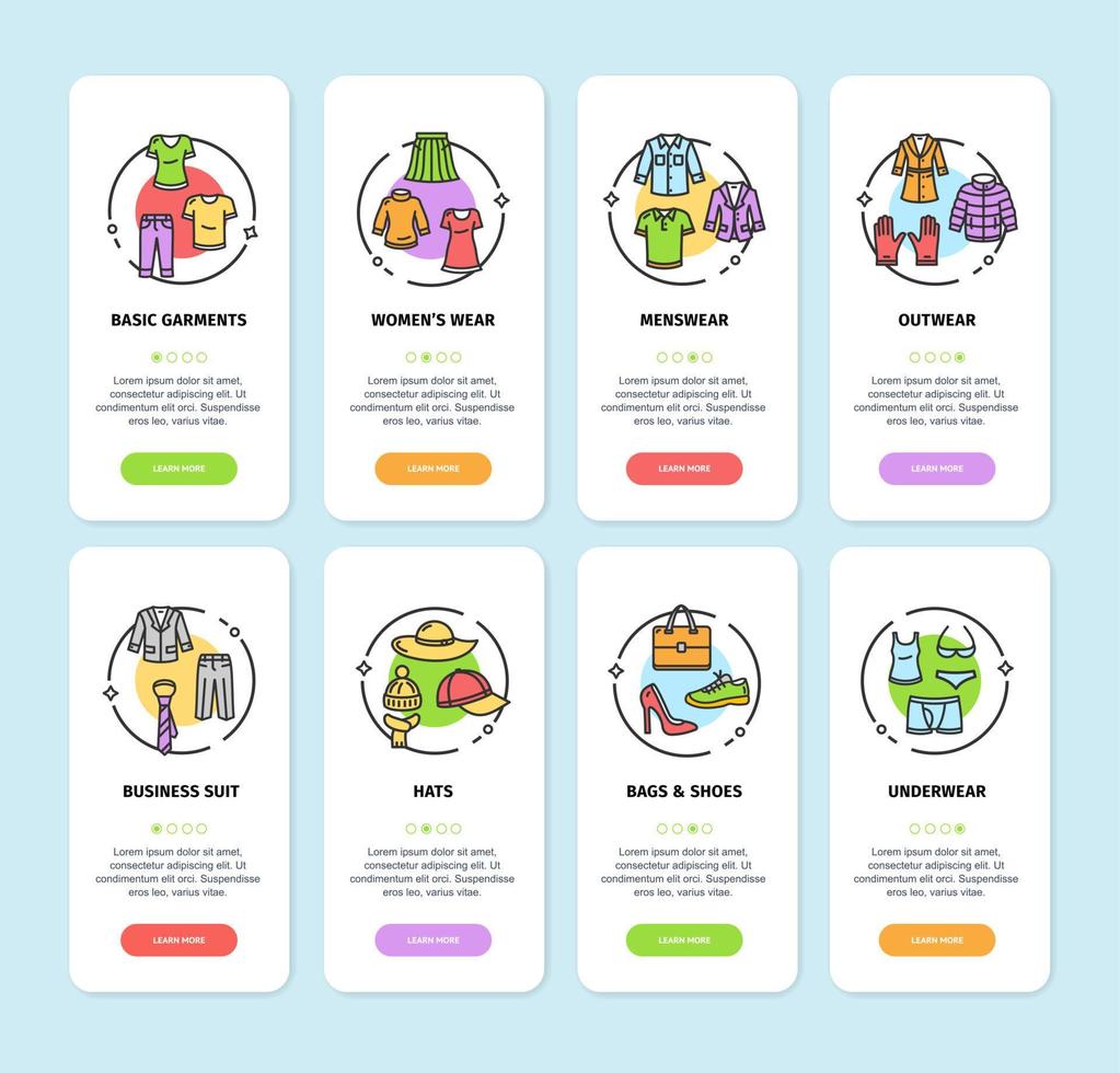 capi di abbigliamento App schermi carte impostare. vettore