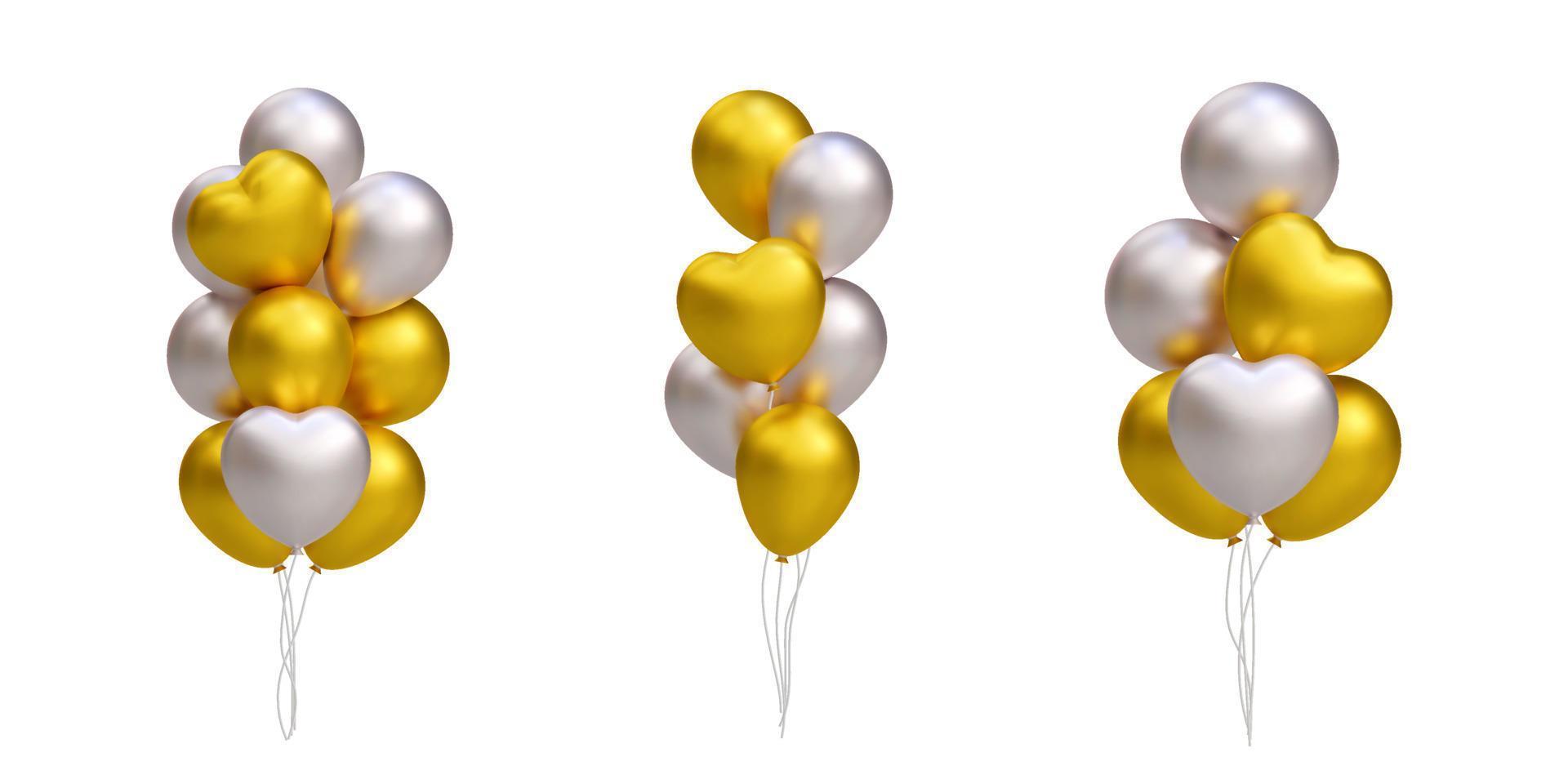 mazzo di realistico 3d d'oro e argento palloncini, cuore forma. vettore illustrazione decorazione per carta, festa, disegno, volantino, manifesto, striscione, ragnatela, pubblicità