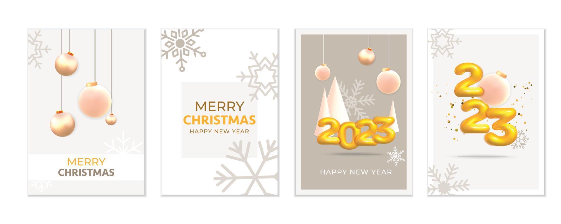 impostato di regalo saluto carte nel 3d vettore realistico rendere lusso moderno minimo allegro Natale 2023 con pino conus albero, pallina, regalo scatole design