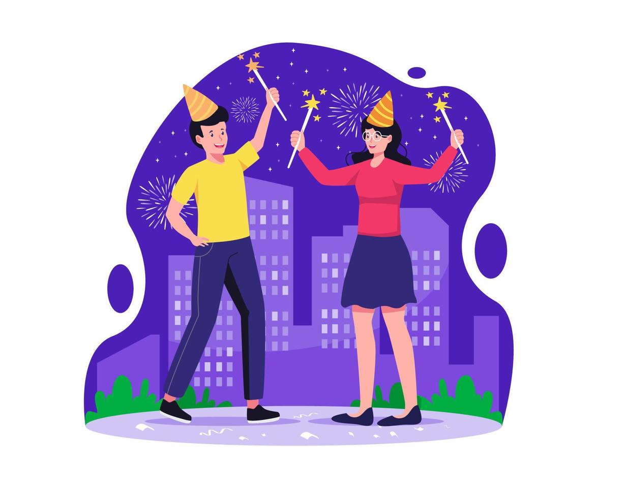 contento nuovo anno concetto con un' coppia è giocando fuochi d'artificio per celebrare nuovo anni vigilia. vettore illustrazione nel piatto stile