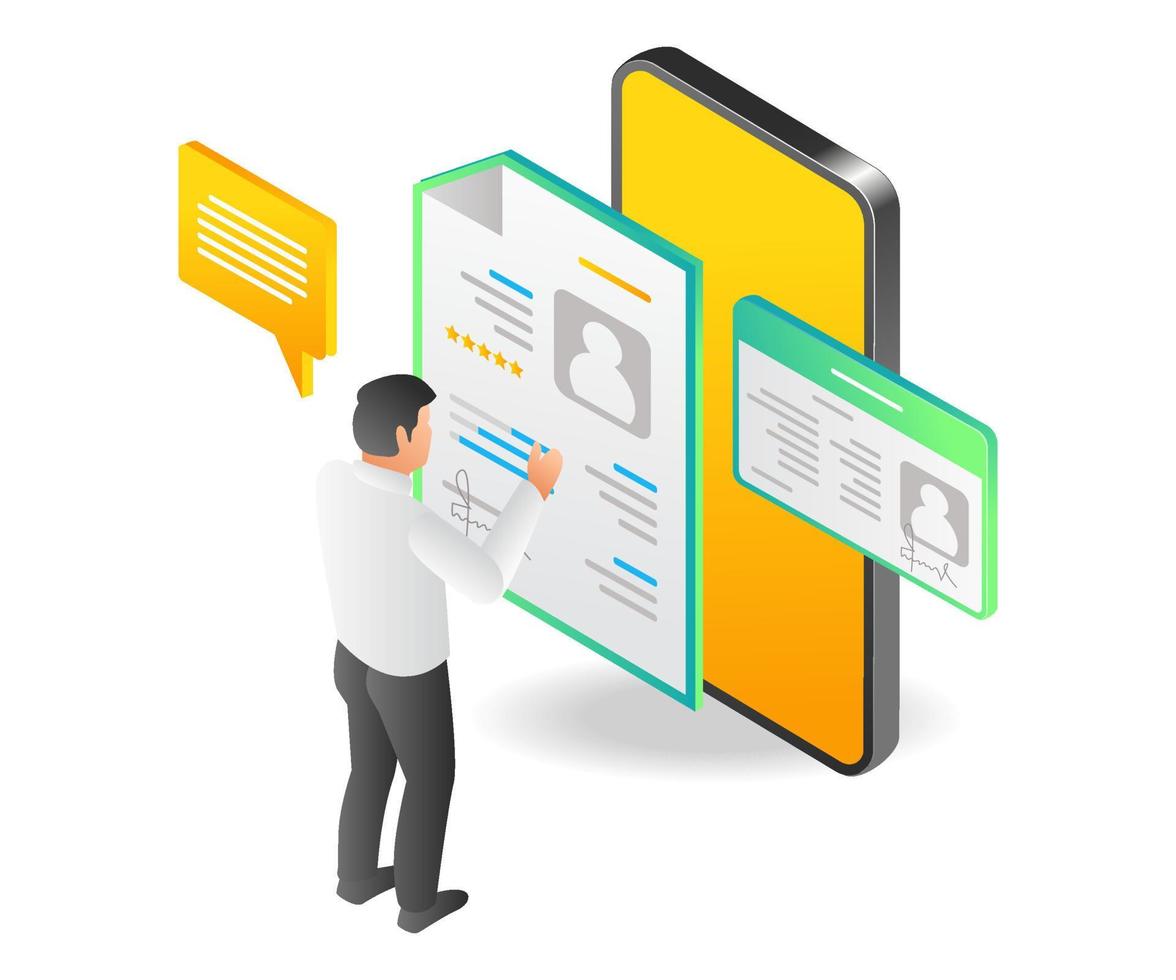 piatto isometrico illustrazione di Riempimento personale dati con smartphone vettore