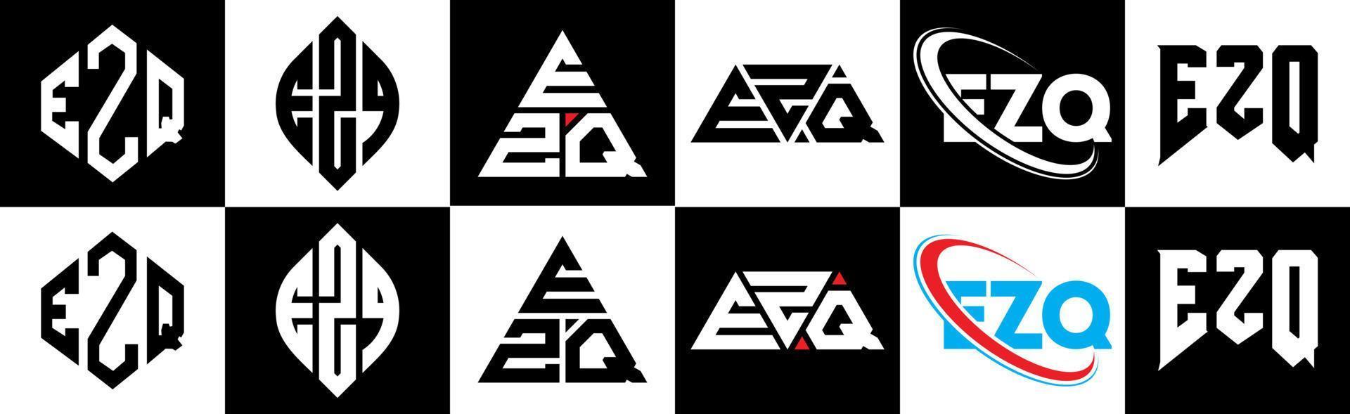 ezq lettera logo design nel sei stile. ezq poligono, cerchio, triangolo, esagono, piatto e semplice stile con nero e bianca colore variazione lettera logo impostato nel uno tavola da disegno. ezq minimalista e classico logo vettore