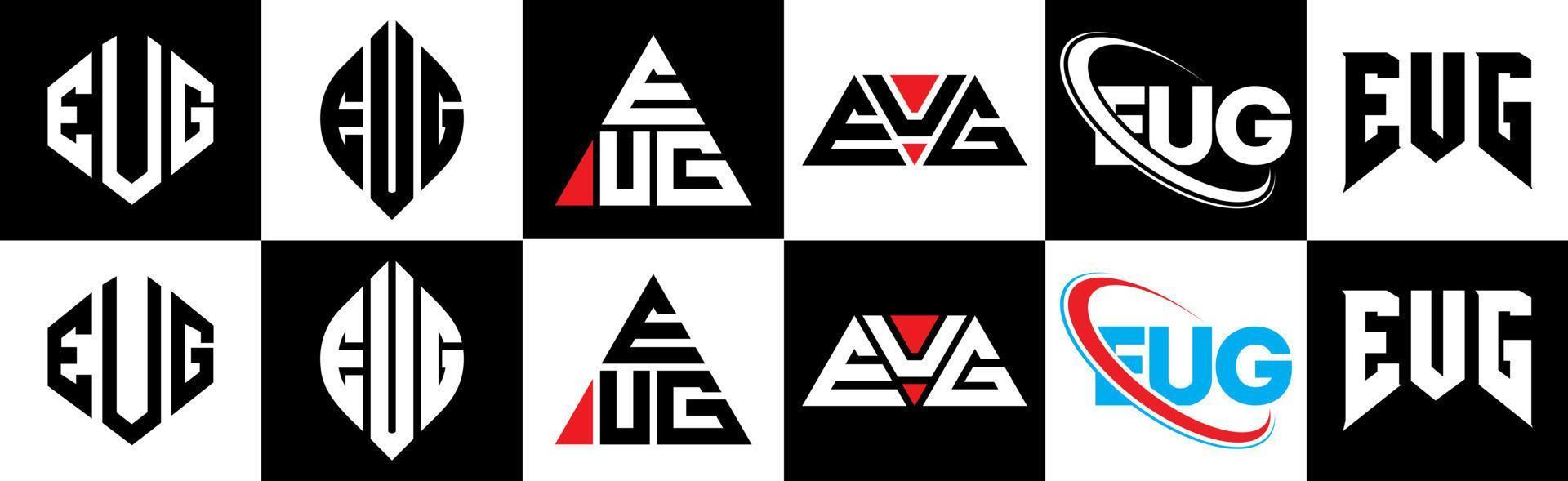 eug lettera logo design nel sei stile. eug poligono, cerchio, triangolo, esagono, piatto e semplice stile con nero e bianca colore variazione lettera logo impostato nel uno tavola da disegno. eug minimalista e classico logo vettore