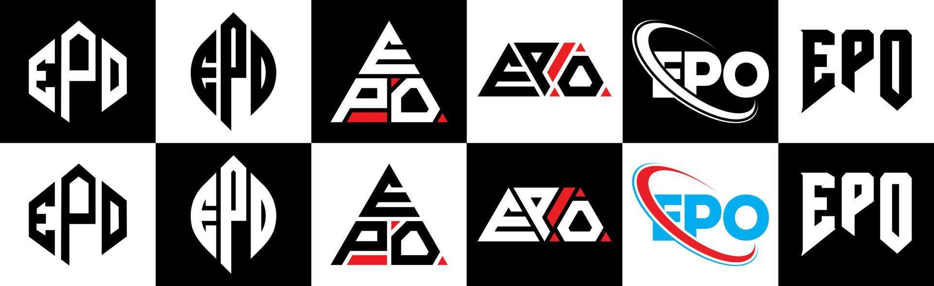 epo lettera logo design nel sei stile. epo poligono, cerchio, triangolo, esagono, piatto e semplice stile con nero e bianca colore variazione lettera logo impostato nel uno tavola da disegno. epo minimalista e classico logo vettore