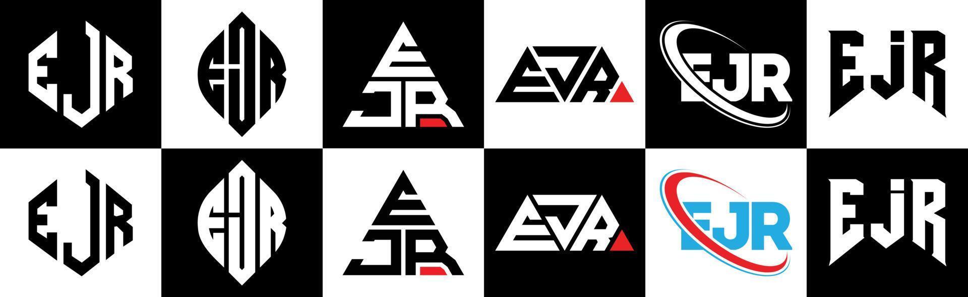 ejr lettera logo design nel sei stile. ejr poligono, cerchio, triangolo, esagono, piatto e semplice stile con nero e bianca colore variazione lettera logo impostato nel uno tavola da disegno. ejr minimalista e classico logo vettore