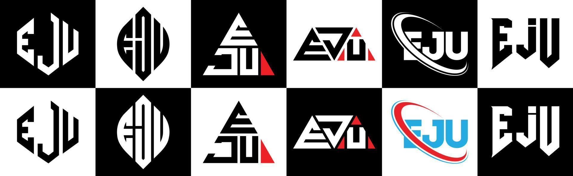 eju lettera logo design nel sei stile. eju poligono, cerchio, triangolo, esagono, piatto e semplice stile con nero e bianca colore variazione lettera logo impostato nel uno tavola da disegno. eju minimalista e classico logo vettore