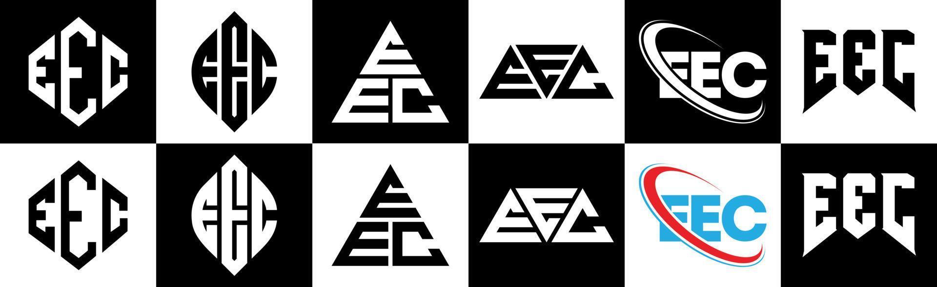 eec lettera logo design nel sei stile. eec poligono, cerchio, triangolo, esagono, piatto e semplice stile con nero e bianca colore variazione lettera logo impostato nel uno tavola da disegno. eec minimalista e classico logo vettore