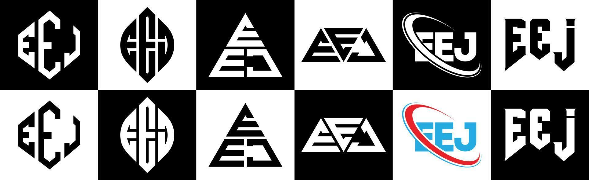 eee lettera logo design nel sei stile. eee poligono, cerchio, triangolo, esagono, piatto e semplice stile con nero e bianca colore variazione lettera logo impostato nel uno tavola da disegno. eee minimalista e classico logo vettore