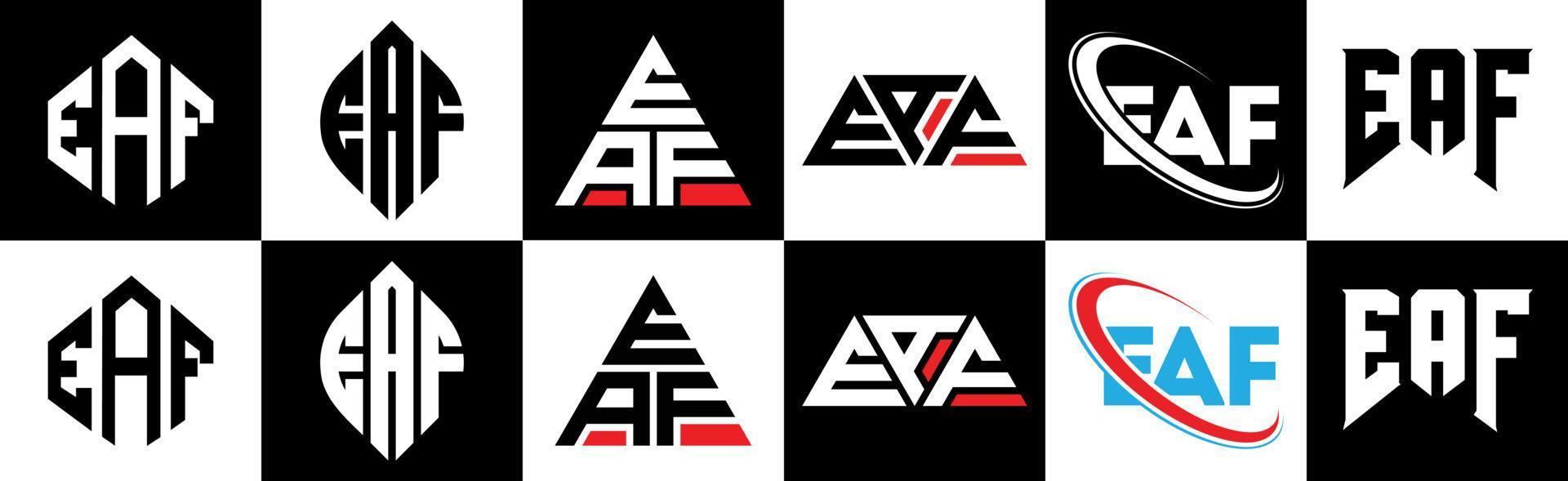 eaf lettera logo design nel sei stile. eaf poligono, cerchio, triangolo, esagono, piatto e semplice stile con nero e bianca colore variazione lettera logo impostato nel uno tavola da disegno. eaf minimalista e classico logo vettore