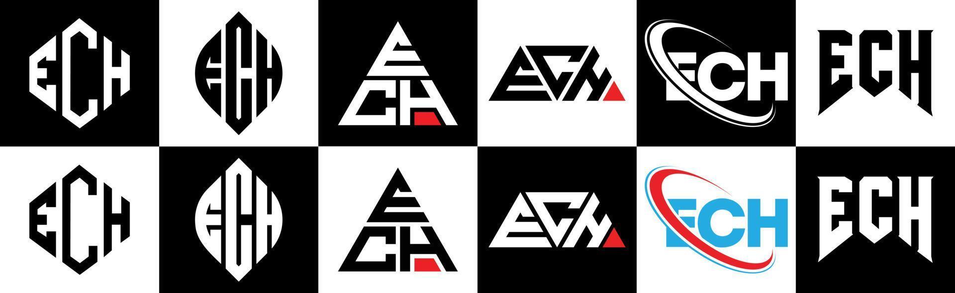 ech lettera logo design nel sei stile. ech poligono, cerchio, triangolo, esagono, piatto e semplice stile con nero e bianca colore variazione lettera logo impostato nel uno tavola da disegno. ech minimalista e classico logo vettore