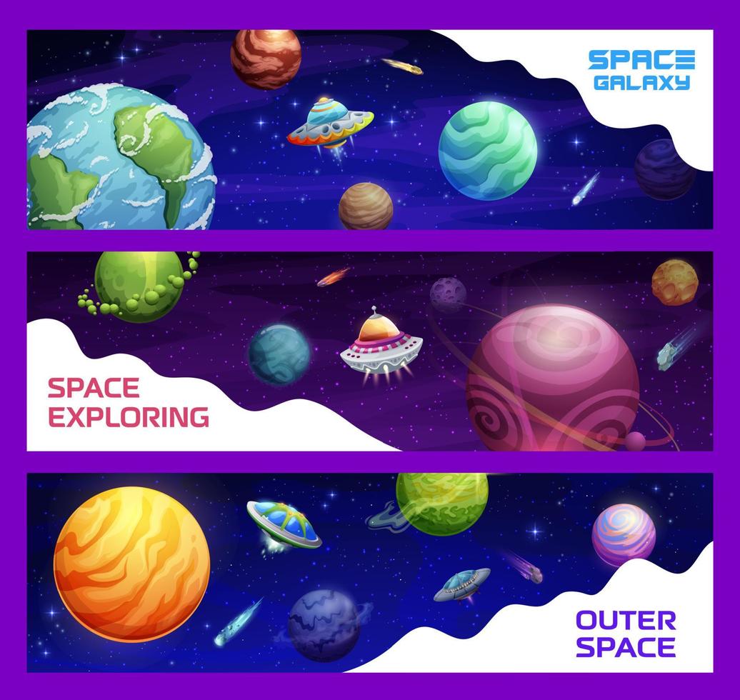 cartone animato spazio pianeti e ufo vettore banner impostato