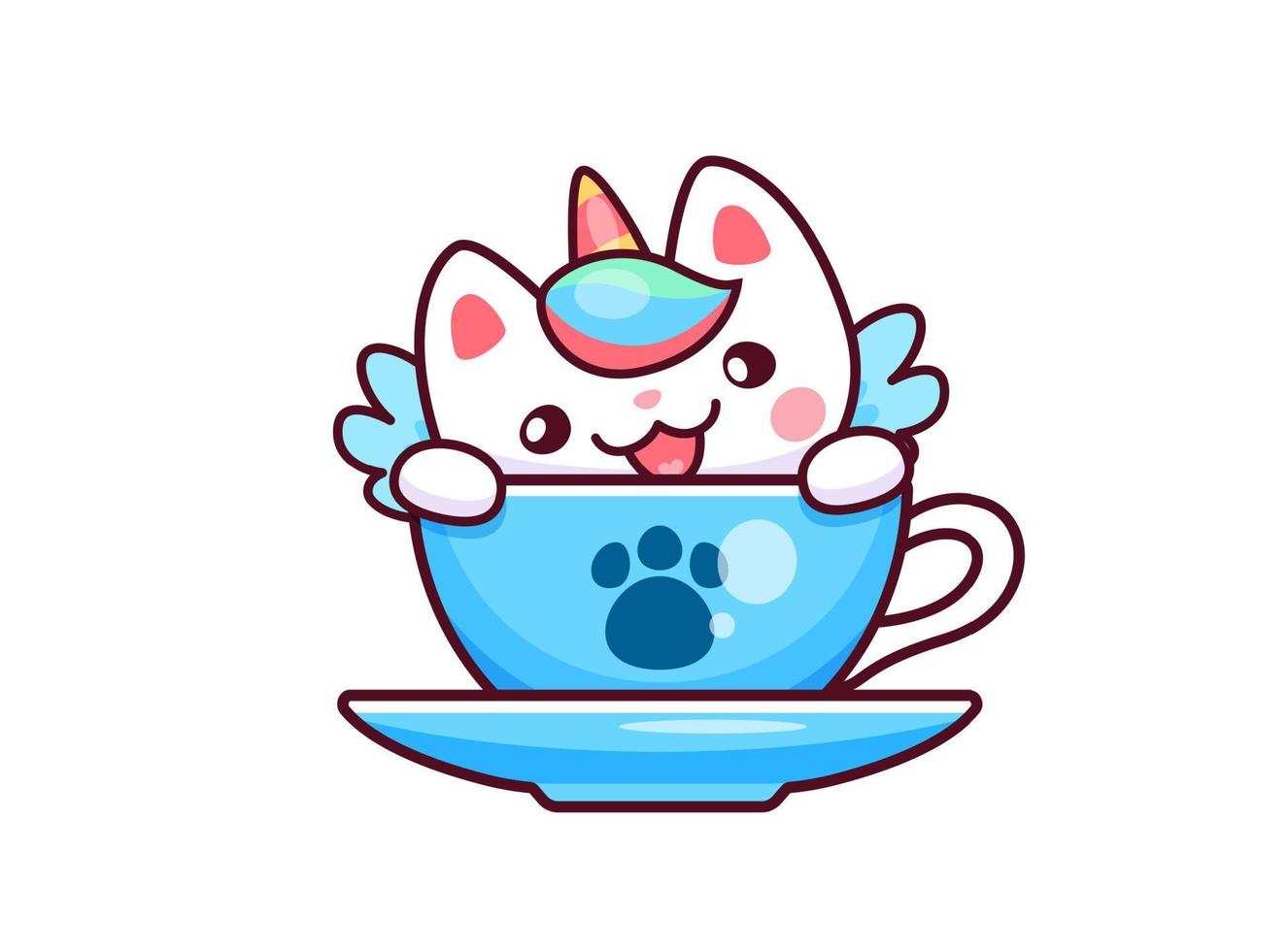 cartone animato carino kawaii caticorn personaggio nel tè tazza vettore