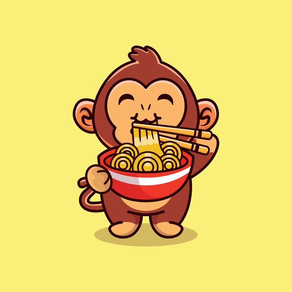 carino scimmia in piedi mangiare ramen tagliatelle con bastoncini cartone animato icona illustrazione vettore