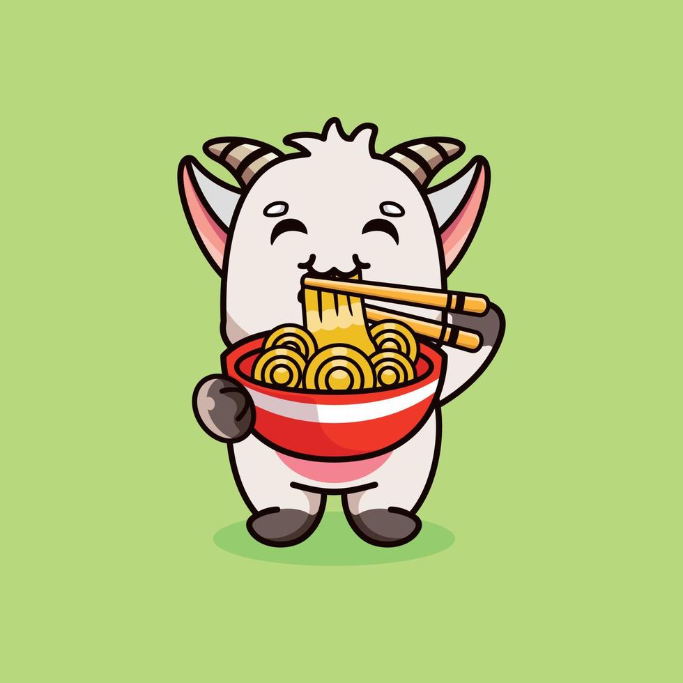 carino capra in piedi mangiare ramen tagliatelle con bastoncini cartone animato icona illustrazione vettore
