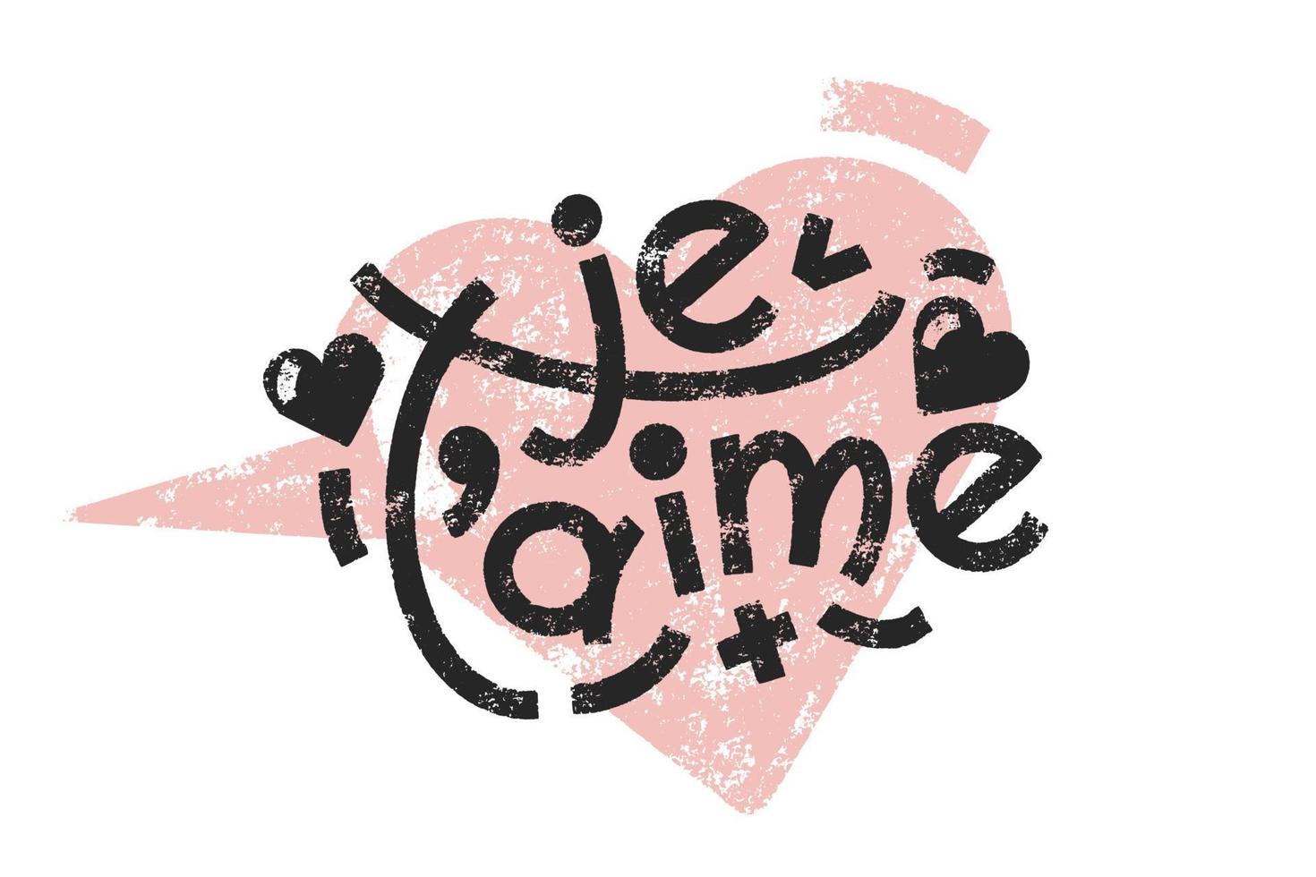 je t'aime francese parole quello tradurre come io amore voi grassetto lettering su strutturato cuore forma chiamare nube. vettore moderno lettering con struttura effetto. romantico moderno carta.