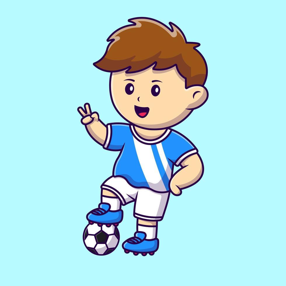 carino ragazzo giocando calcio palla con pace mano cartone animato vettore icone illustrazione. piatto cartone animato concetto. adatto per qualunque creativo progetto.