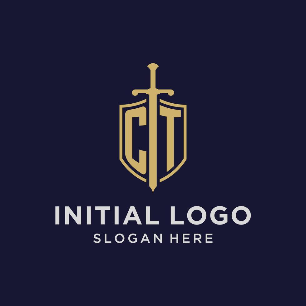 ct logo iniziale monogramma con scudo e spada design vettore