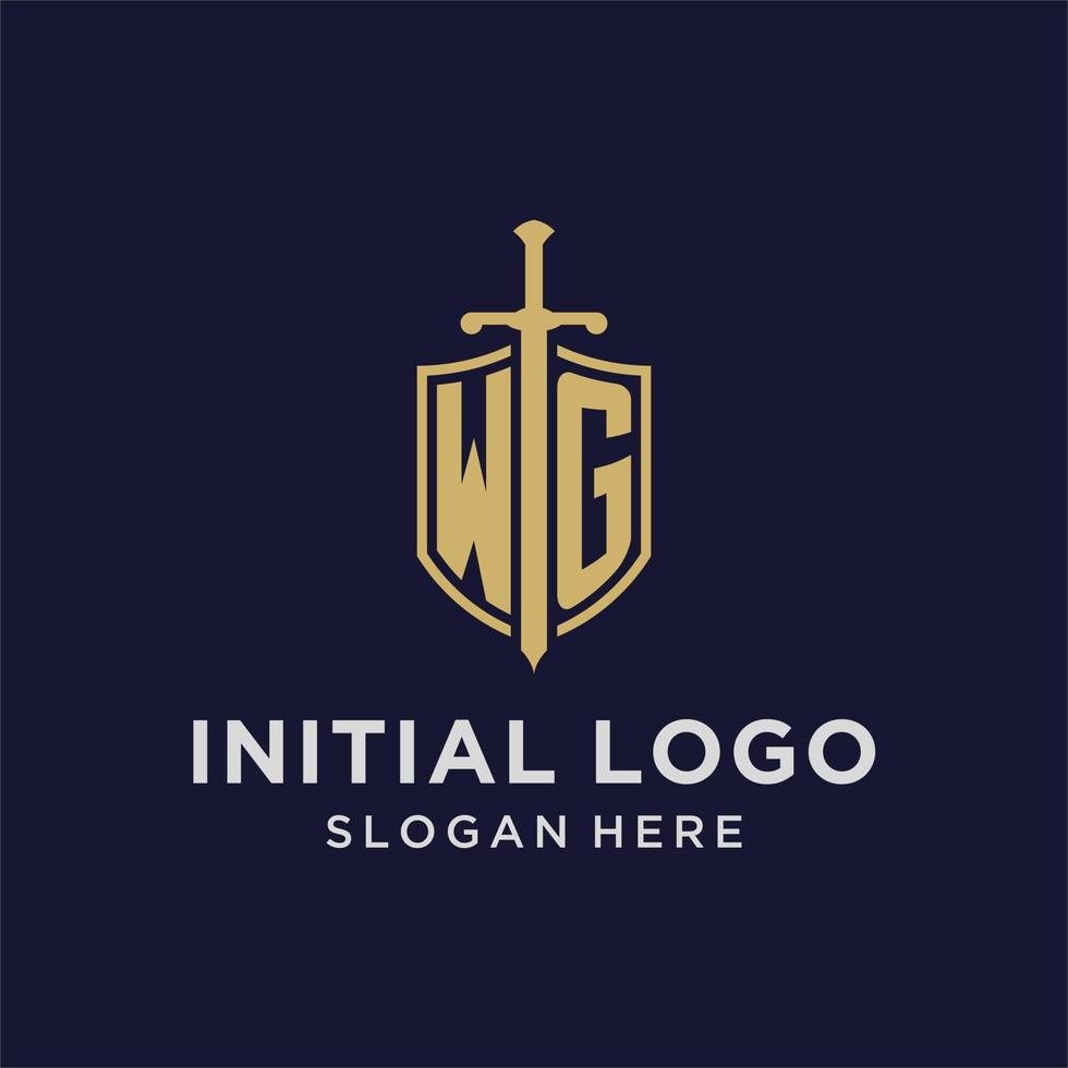 wg logo iniziale monogramma con scudo e spada design vettore