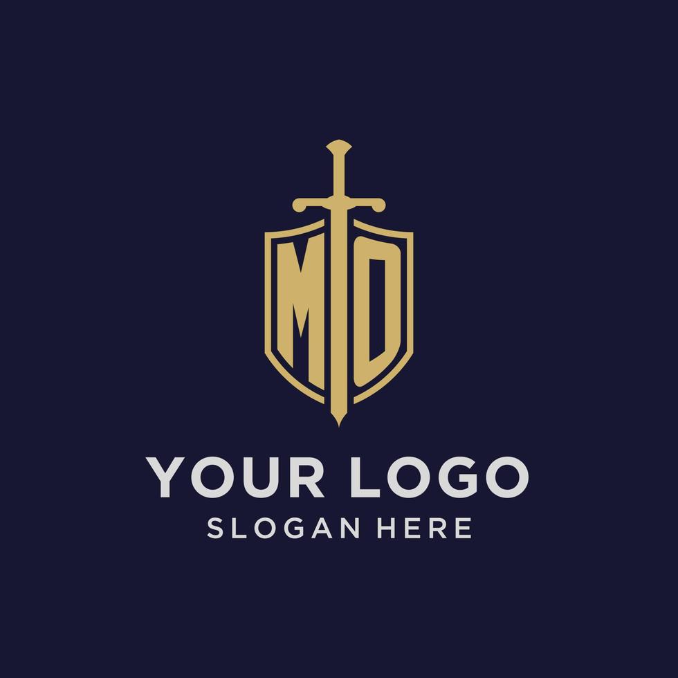 mo logo iniziale monogramma con scudo e spada design vettore