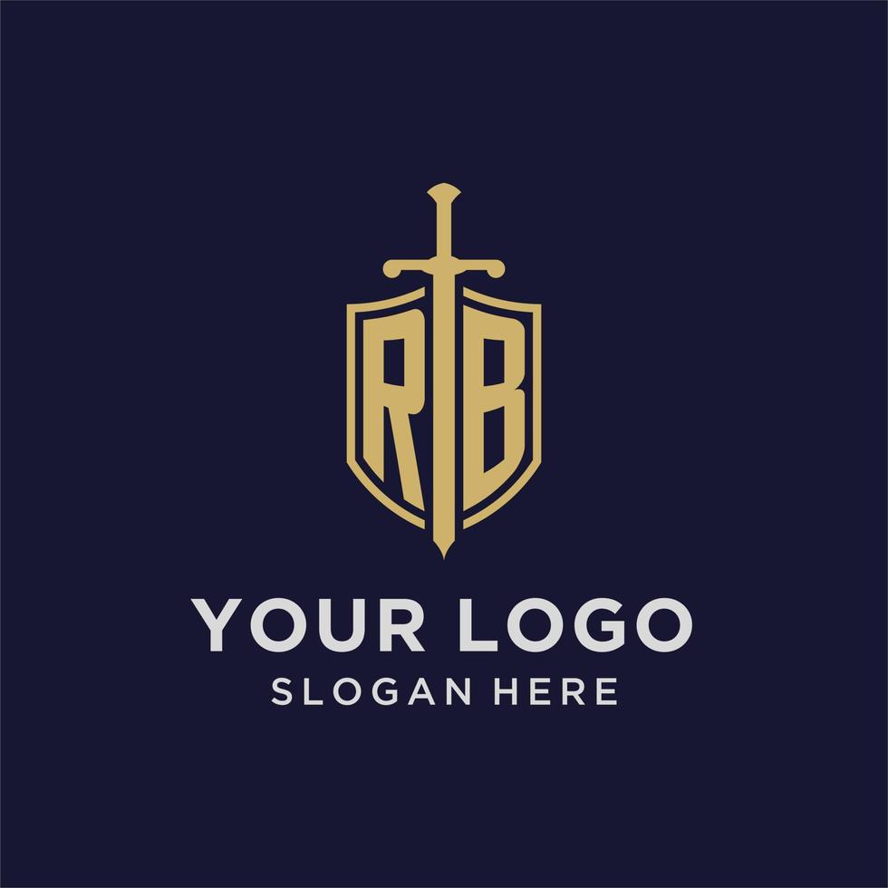 rb logo iniziale monogramma con scudo e spada design vettore