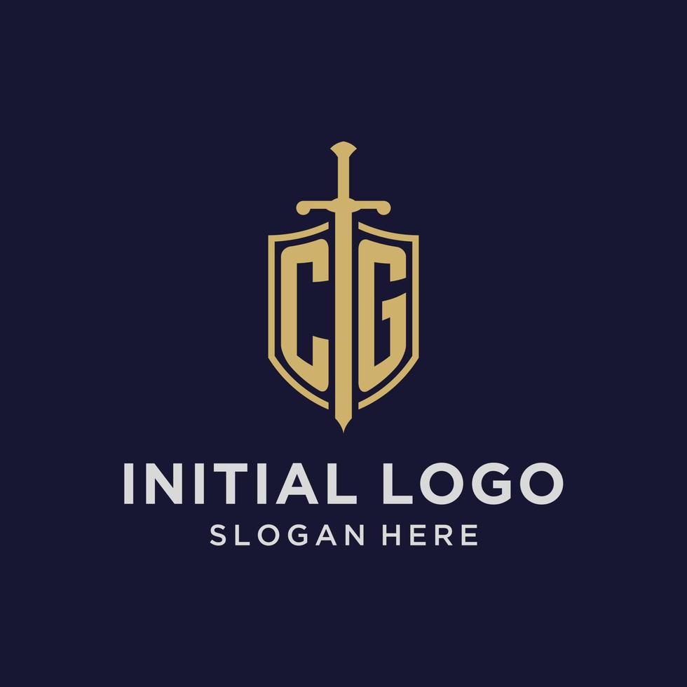 cg logo iniziale monogramma con scudo e spada design vettore