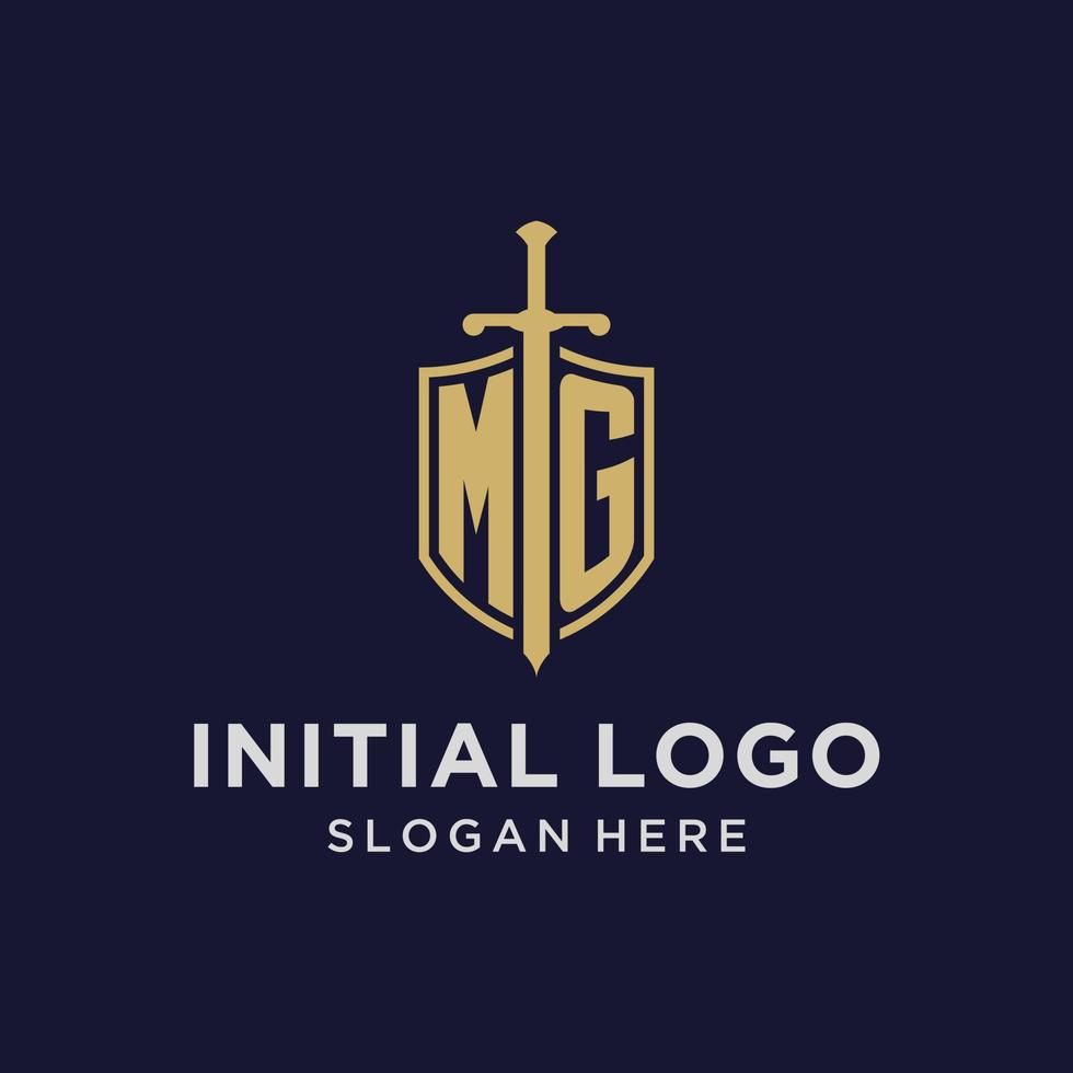 mg logo iniziale monogramma con scudo e spada design vettore