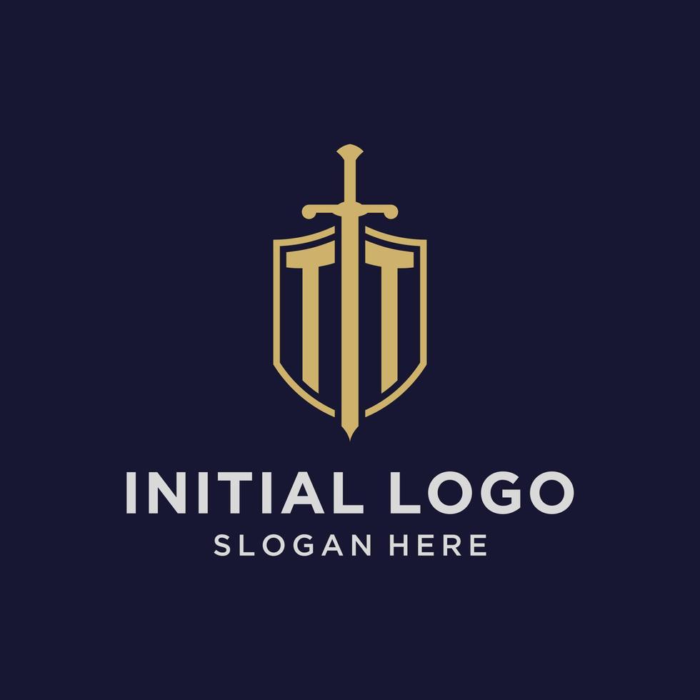 tt logo iniziale monogramma con scudo e spada design vettore