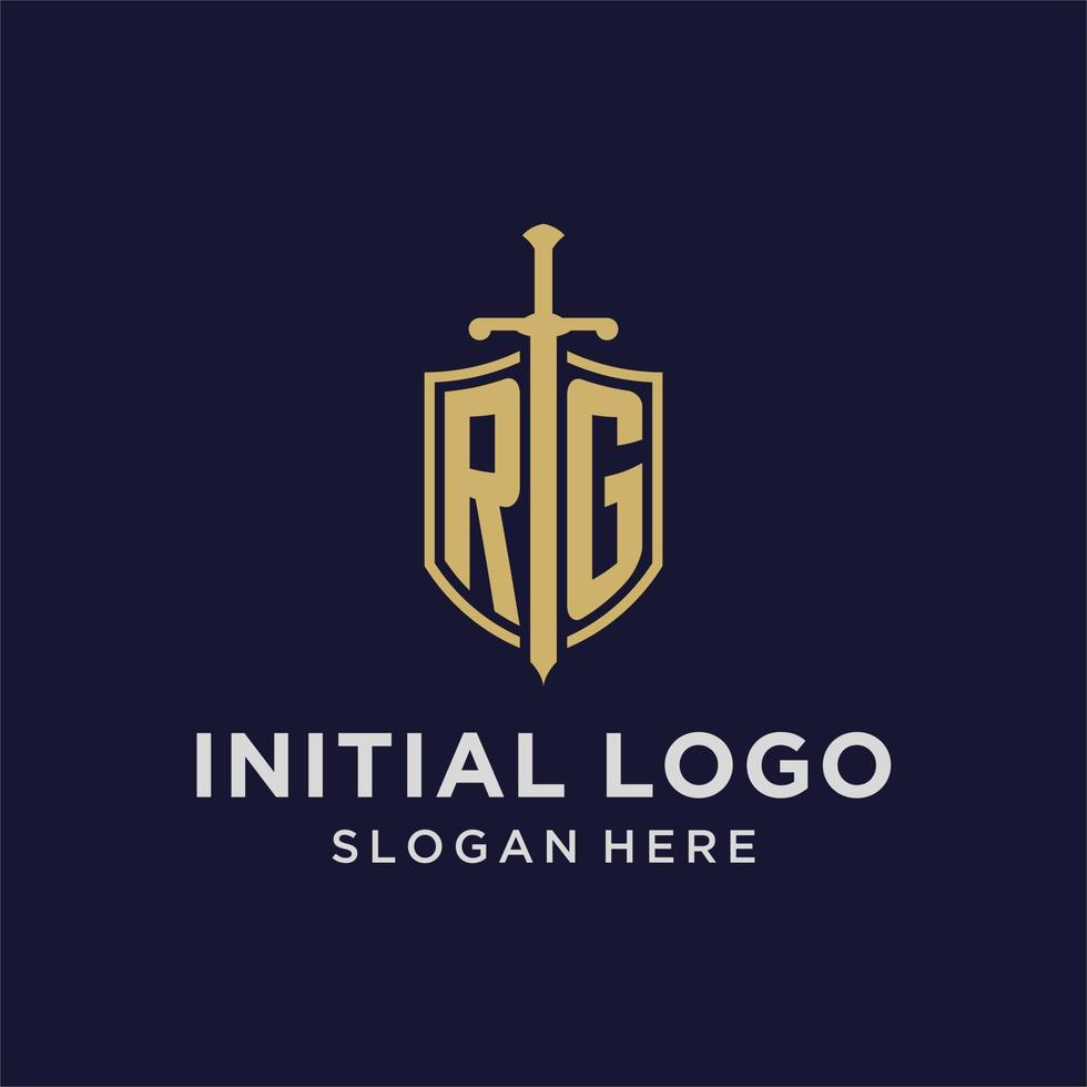 rg logo iniziale monogramma con scudo e spada design vettore