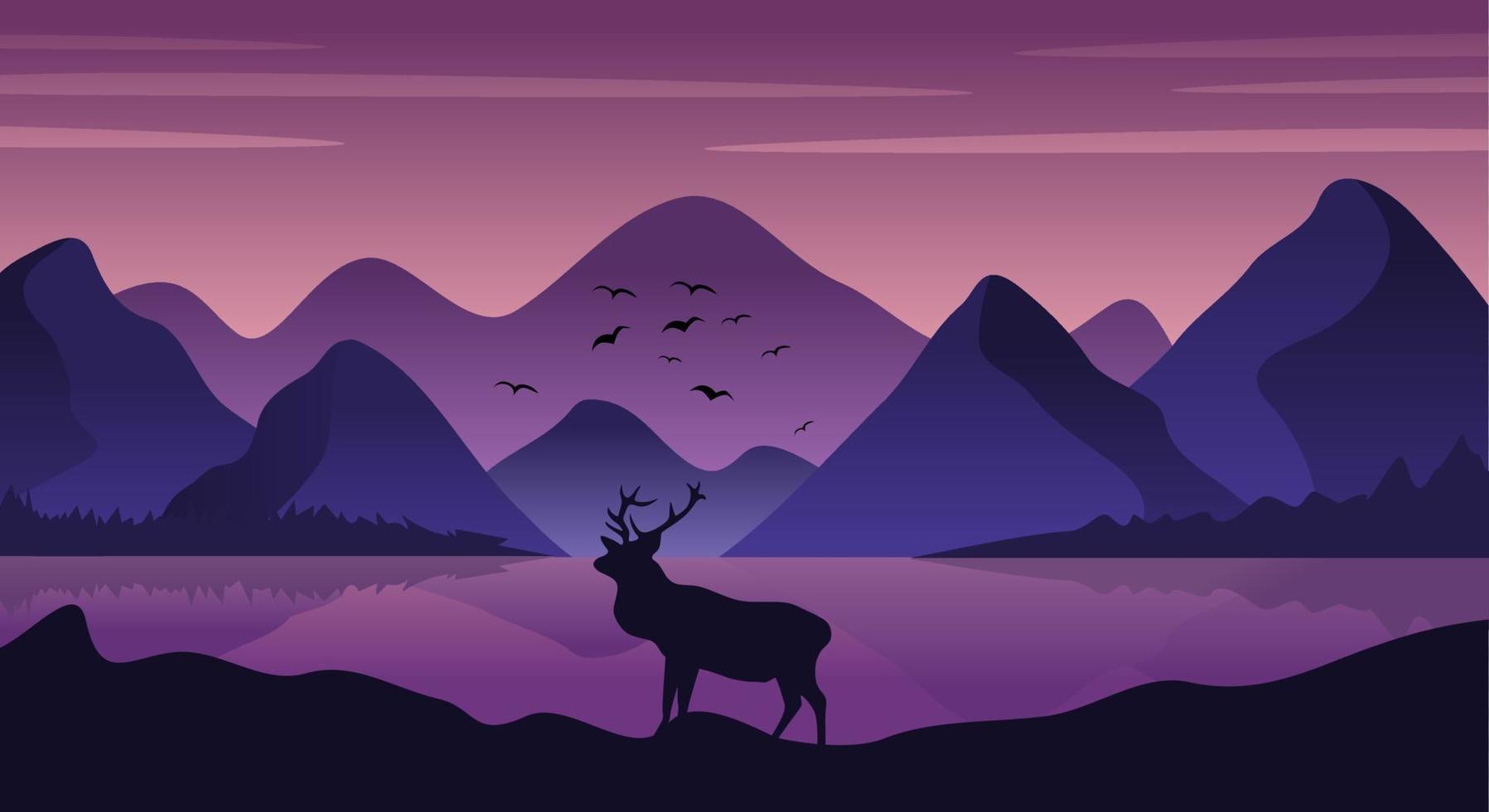naturale paesaggio con lago, collina, montagna e cervo, cartone animato stile illustrazione paesaggio vettore