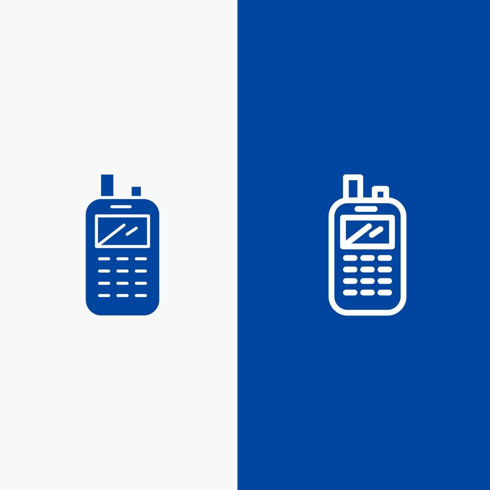 Telefono Radio ricevitore senza fili linea e glifo solido icona blu bandiera vettore