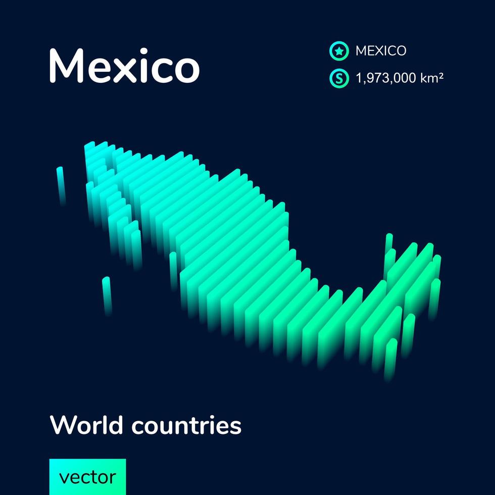 Messico 3d carta geografica. stilizzato a strisce isometrico neon vettore carta geografica nel verde colori su blu sfondo