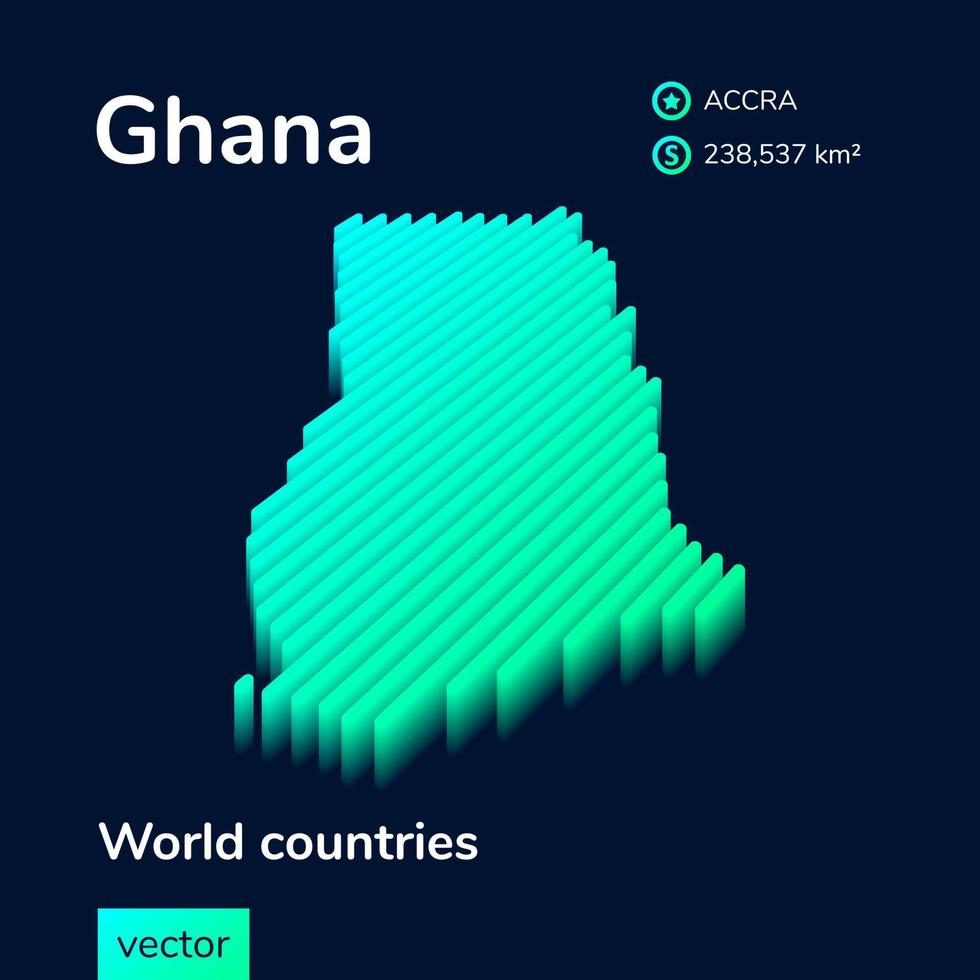 3d carta geografica di Ghana. stilizzato a strisce vettore isometrico carta geografica di Ghana è nel neon verde e menta colori su il buio blu sfondo