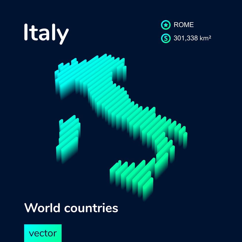 3d vettore neon isometrico Italia carta geografica nel turchese colori su un' buio blu sfondo. stilizzato carta geografica icona di Italia. Infografica elemento