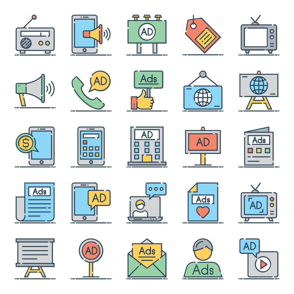 pieno colore schema icone per pubblicità e media. vettore