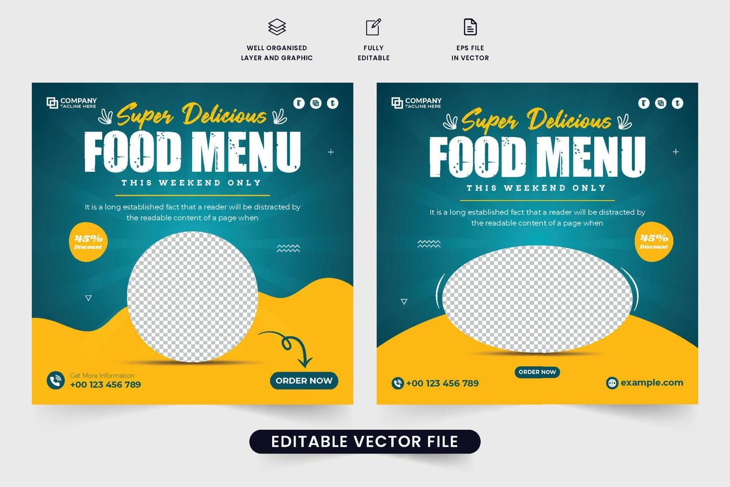 delizioso cibo menù promozionale modello design per sociale media marketing. speciale cibo menù annuncio pubblicitario manifesto vettore con giallo e blu colori. ristorante cibo menù sociale media inviare vettore.